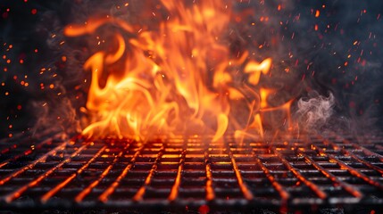 Barbecue Grill With Fire Flames - Empty Fire Grid On Black Background. 