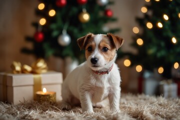 Wire Haired Jack Russell Terrier puppy as christmas present for children concept. Rough coated pup by the decorated holiday tree, festive bokeh lights. Close up