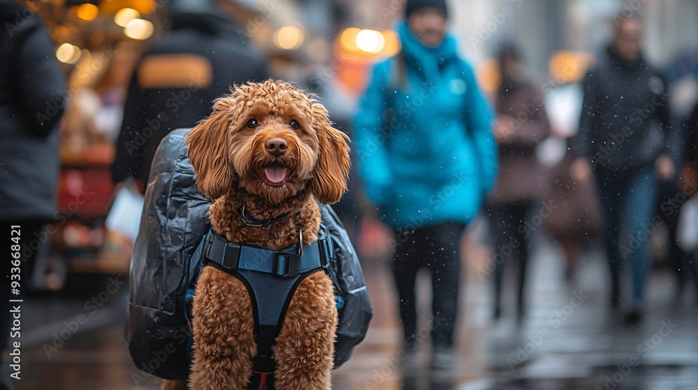 Aufkleber a service dog guiding a visually impaired person through a crowded market capturing the independence