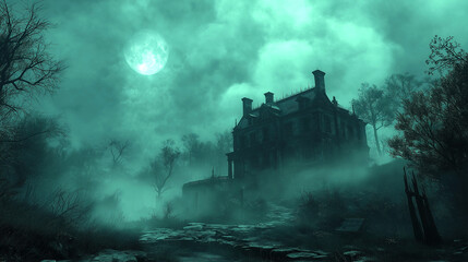 Fototapeta premium Creepy Halloween Haunted Mansion with Flickering Lights