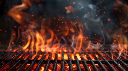 Barbecue Grill With Fire Flames - Empty Fire Grid On Black Background. 