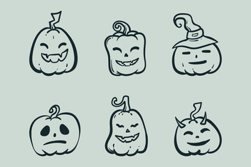 Doodle line art vector illustration of pumpkin with various expressions. Pumpkin in Halloween event. Pumpkin fruit illustration. Halloween theme illustration