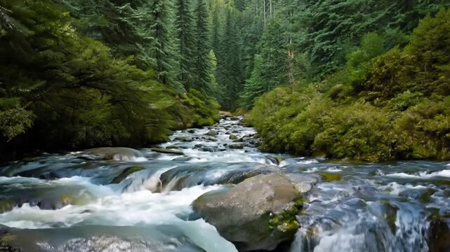 Fast flowing mountain stream in pine forest. Green vegetation along water floss. Picturesque nature landscape. Wet gray boulders.