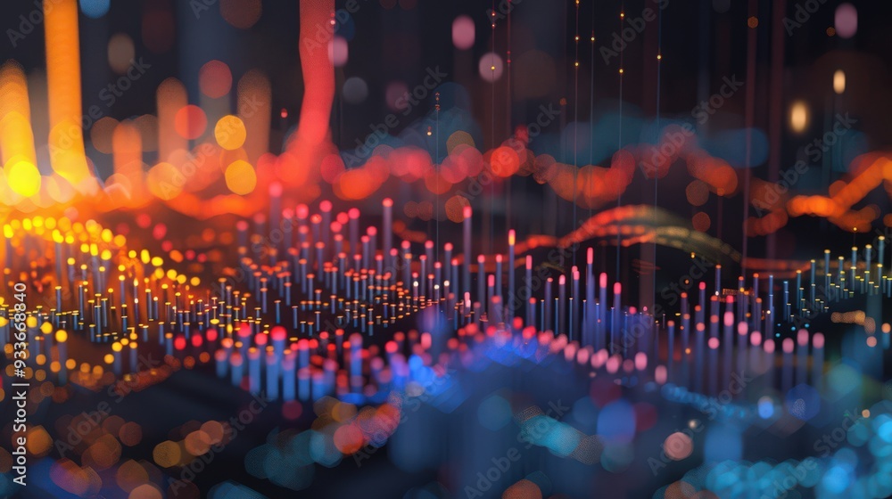 Poster a 3d stock chart providing a comprehensive view of market data across different sectors