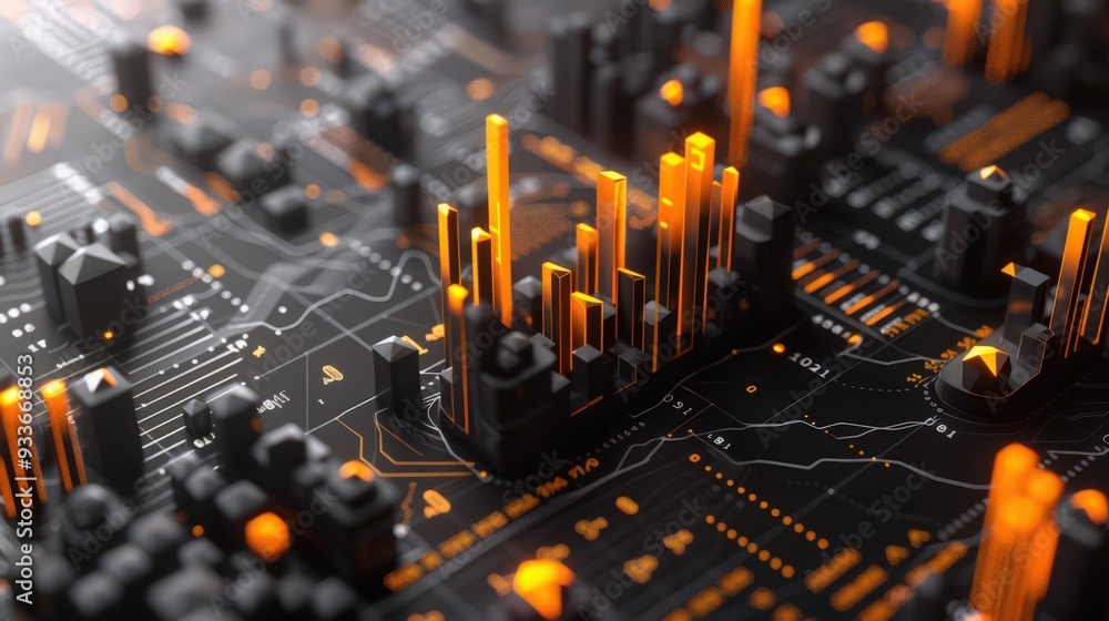 Poster a 3d stock chart providing a comprehensive view of market data across different sectors