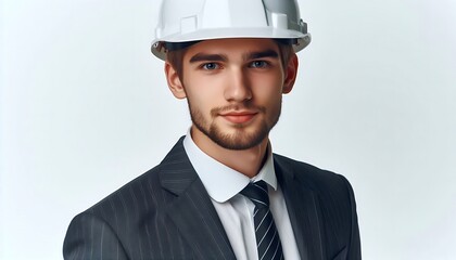 Portrait of a young man in a business suit and hard hat. Studio headshot for engineering, construction, or business concepts