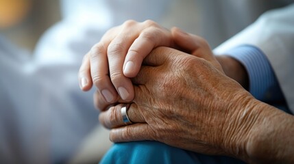 Fototapeta premium Intimate close-up of clasped hands between a doctor and a patient, highlighting a comforting and compassionate moment during a medical consultation.