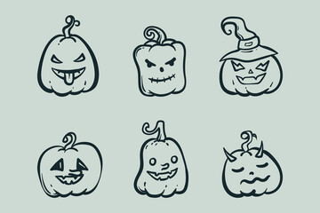 Doodle line art vector illustration of pumpkin with various expressions. Pumpkin in Halloween event. Pumpkin fruit illustration. Halloween theme illustration