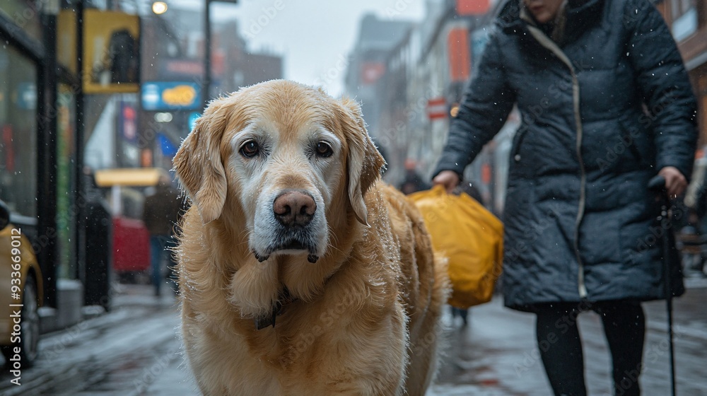 Poster a visually impaired person and their guide dog navigating a busy urban street emphasizing the dogs c