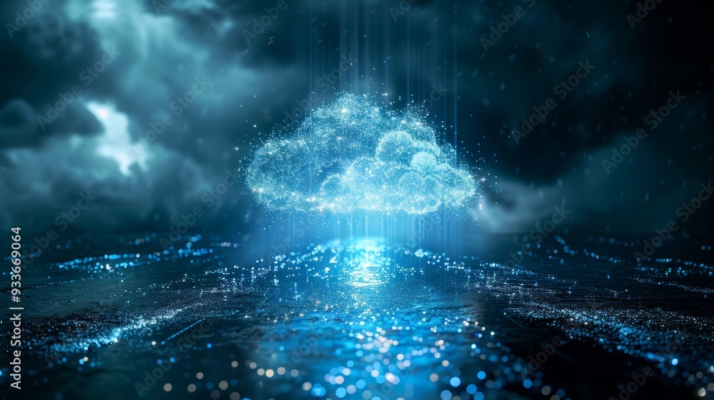 Aufkleber abstract cloud computing with glowing digital cloud, data streams, and futuristic cityscape