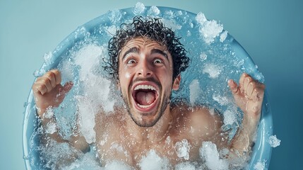 Man in ice bath, experiencing cold water therapy benefits and challenges.