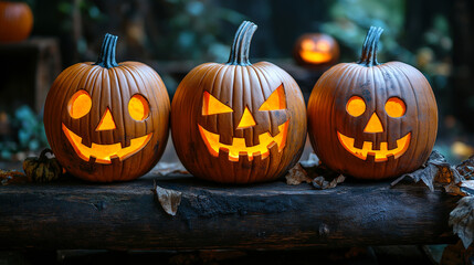 Fototapeta premium Sinister Halloween Creepy Pumpkins with Menacing Grins