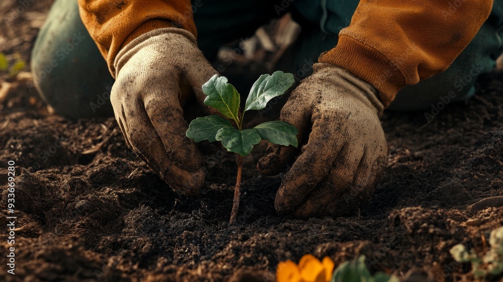 Poster high-resolution image of a gardener planting a sapling in a garden bed, showing detailed soil prepar