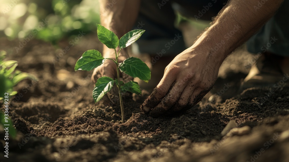 Poster high-resolution image of a gardener planting a sapling in a garden bed, showing detailed soil prepar