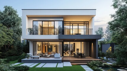 A contemporary 2-storey house with an emphasis on indoor-outdoor living, featuring a spacious balcony, sliding glass doors