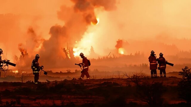 Firefighters team battle a wildfire because climate change and global warming is a driver of global wildfire trends.