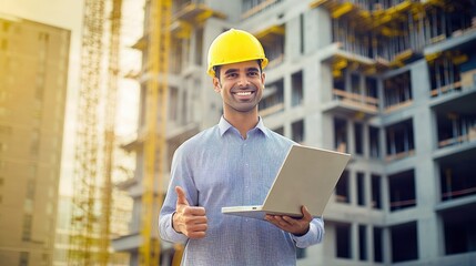 Indian male architect giving a thumbs up while holding an open laptop at a construction site, approving progress