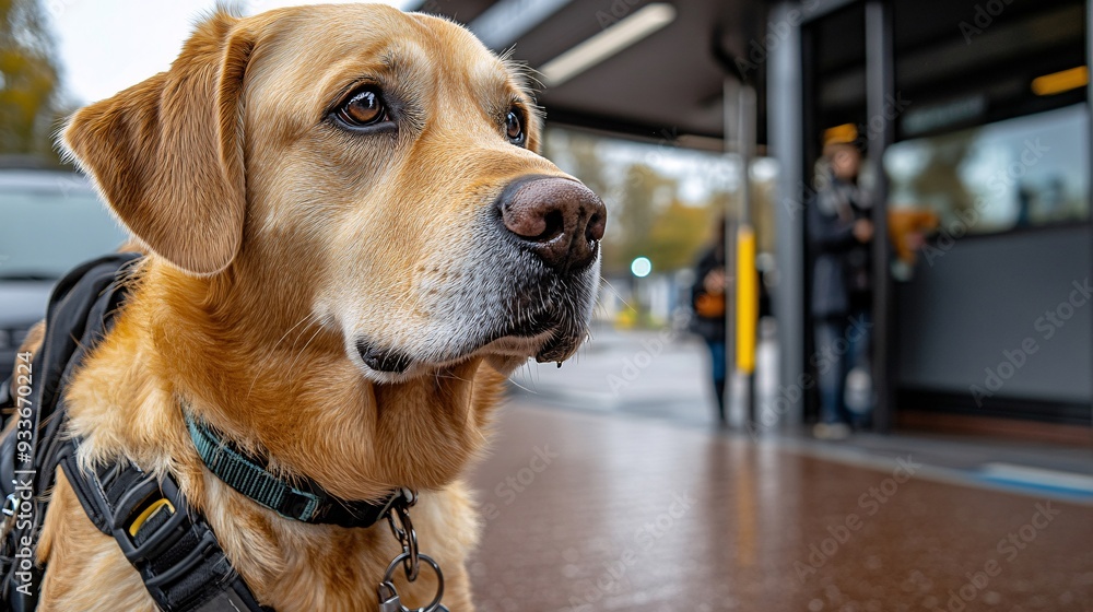 Poster a visually impaired person and their guide dog waiting at a bus stop emphasizing the dogs role in en