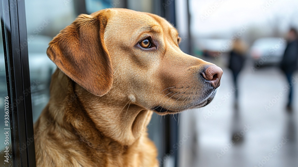 Poster a visually impaired person and their guide dog waiting at a bus stop emphasizing the dogs role in en