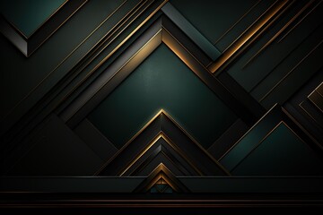 Fototapeta premium Abstract dark green background with gold accents and geometric shapes.
