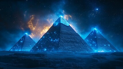 31. The Pyramids of Giza in Egypt, glowing with blue and gold bioluminescent patterns as the night falls. The ancient pyramids create a mystical atmosphere. Cinematic, fantasy style
