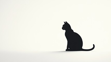 Minimalist black silhouette of a cat sitting gracefully, centered on a clean, white background with no distractions