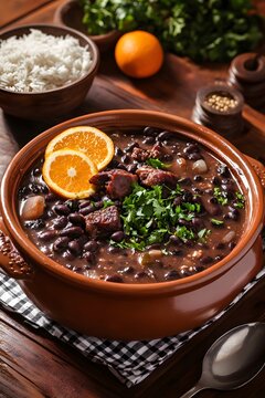 The photo depicts a traditional Brazilian feijoada served in a clay pot on a wooden table.