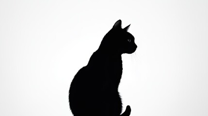 Minimalist black silhouette of a cat sitting gracefully, centered on a clean, white background with no distractions