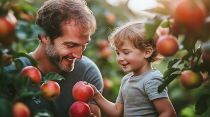 Fototapeta premium A father and young son picking apples together in an orchard, smiling and enjoying the moment