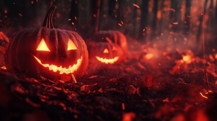 Fototapeta premium Glowing jack-o'-lanterns with intense orange light in a dark, fiery forest setting