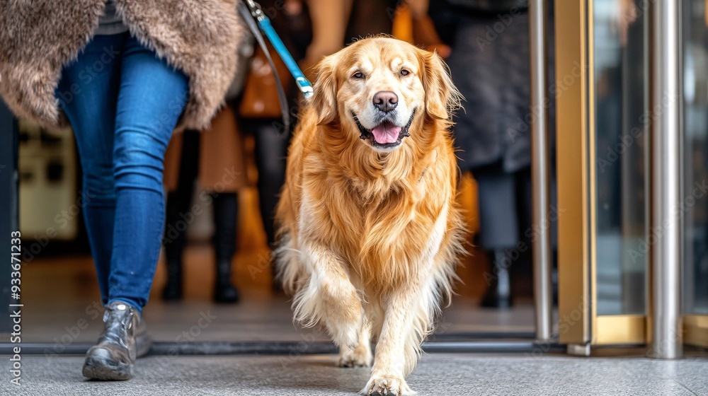 Poster a visually impaired person and their guide dog entering a busy office building showcasing the indepe