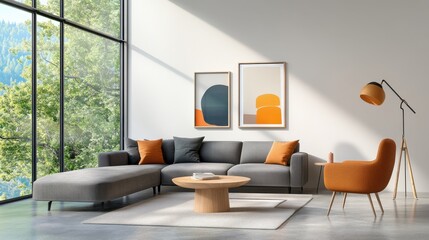 Modern loft living room with large windows, concrete floors, and stylish, minimalist furniture