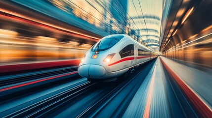 Fototapeta premium High-resolution view of a high-speed train on a dedicated track, highlighting the specialized rail system and the train's impressive speed capabilities.