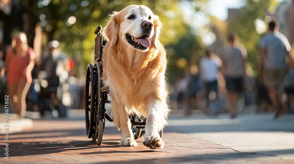 Poster a service dog helping a person in a wheelchair to navigate a crowded area by clearing a path demonst