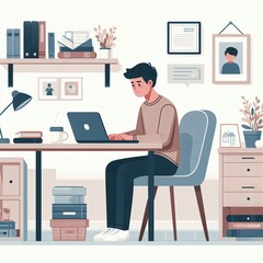 Student working from home. Cozy workspace with desk, laptop, bookshelves, and personal decor. Depicts contemporary remote work lifestyle
