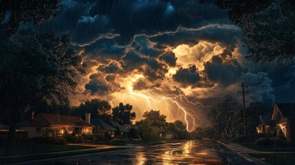Fototapeta premium High-resolution view of a summer storm with rain cascading from thick clouds and lightning illuminating the night sky over a suburban neighborhood.