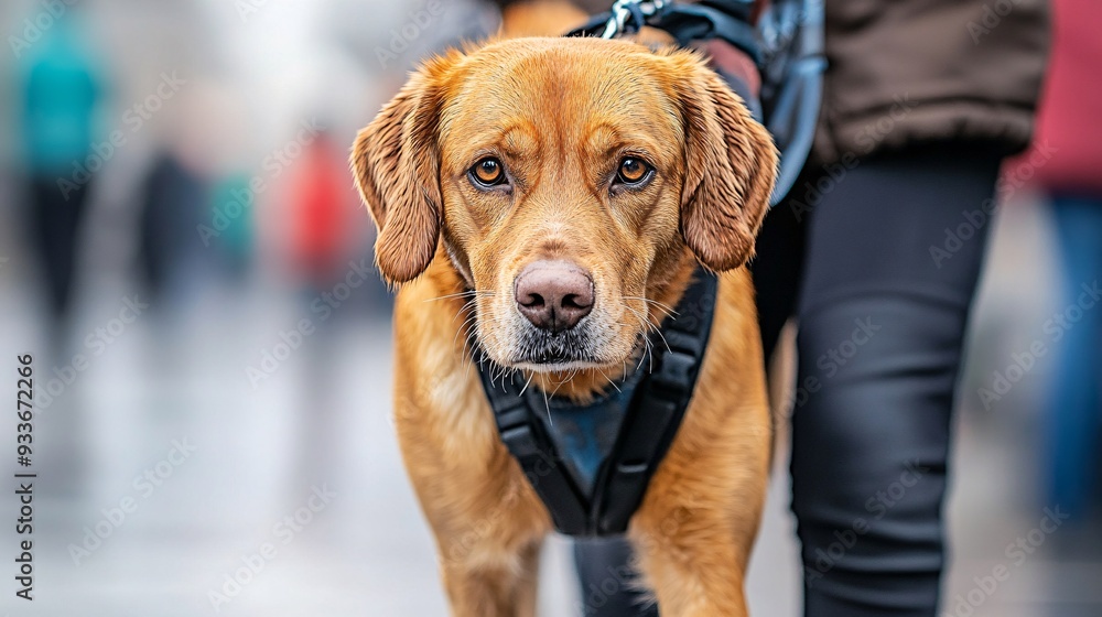 Poster a visually impaired person and their guide dog walking confidently on a sidewalk in a bustling city 