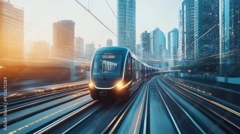 Poster high-resolution view of an electric train speeding through an urban environment, showcasing the blen