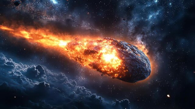 a huge gigantic burning asteroid in space flying towards the planet earth, meteorite