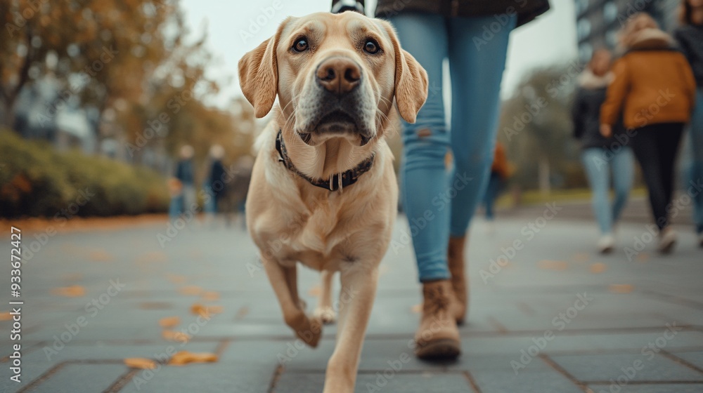 Poster a visually impaired person and their guide dog walking confidently on a sidewalk in a bustling city 