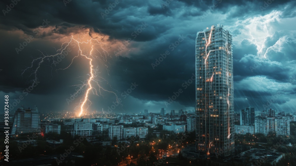 Poster High-resolution view of lightning striking a tall building during a summer thunderstorm, with dramatic illumination and stormy clouds overhead.