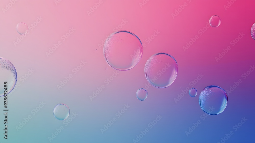 Poster close-up of transparent bubbles floating against a gradient background of pink and blue.