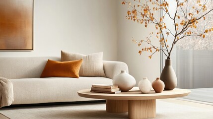 Serene neutral living room with beige tones, soft textures, and a calming atmosphere