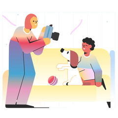 Woman taking photo of boy and dog