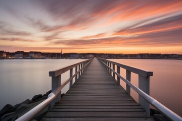 Wooden Pier Extending Towards City Skyline at Sunset