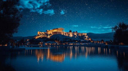 36. The Acropolis in Athens, Greece, illuminated by blue and white patterns under the evening sky. The ancient ruins reflect in pools below. Realistic, fantasy style