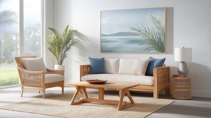 Tropical living room with rattan furniture, palm leaf prints, and a breezy, relaxed feel