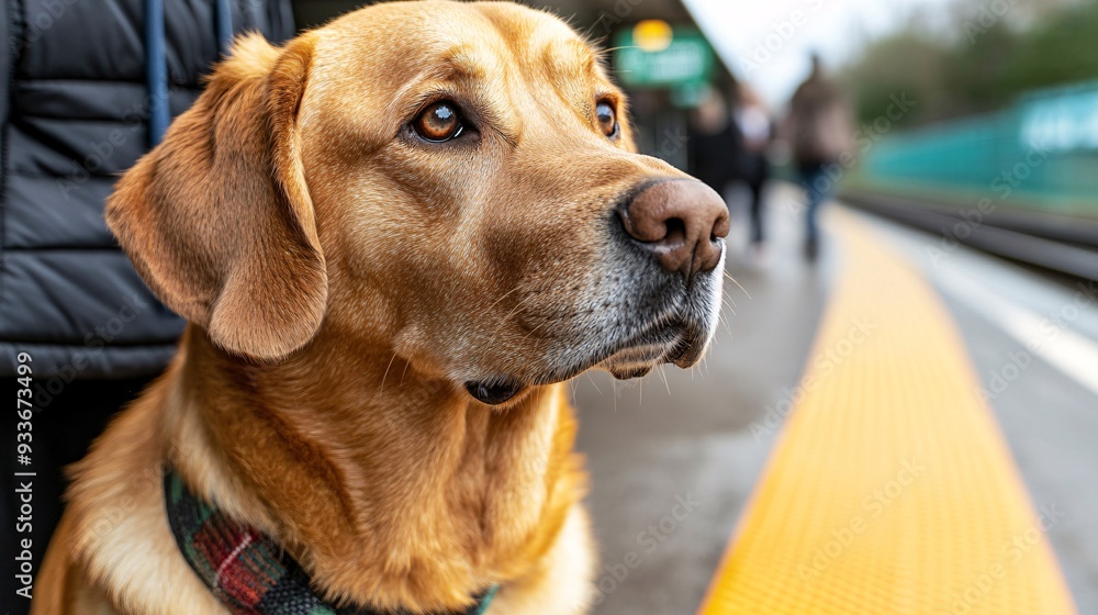 Poster a visually impaired person and their guide dog navigating a train station emphasizing the dogs role 