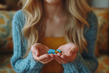 A woman with long blonde hair is holding two blue and gold pills in her hands