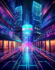 Fototapeta premium Business building with holographic security interface, representing advanced technology and data protection, sleek and futuristic